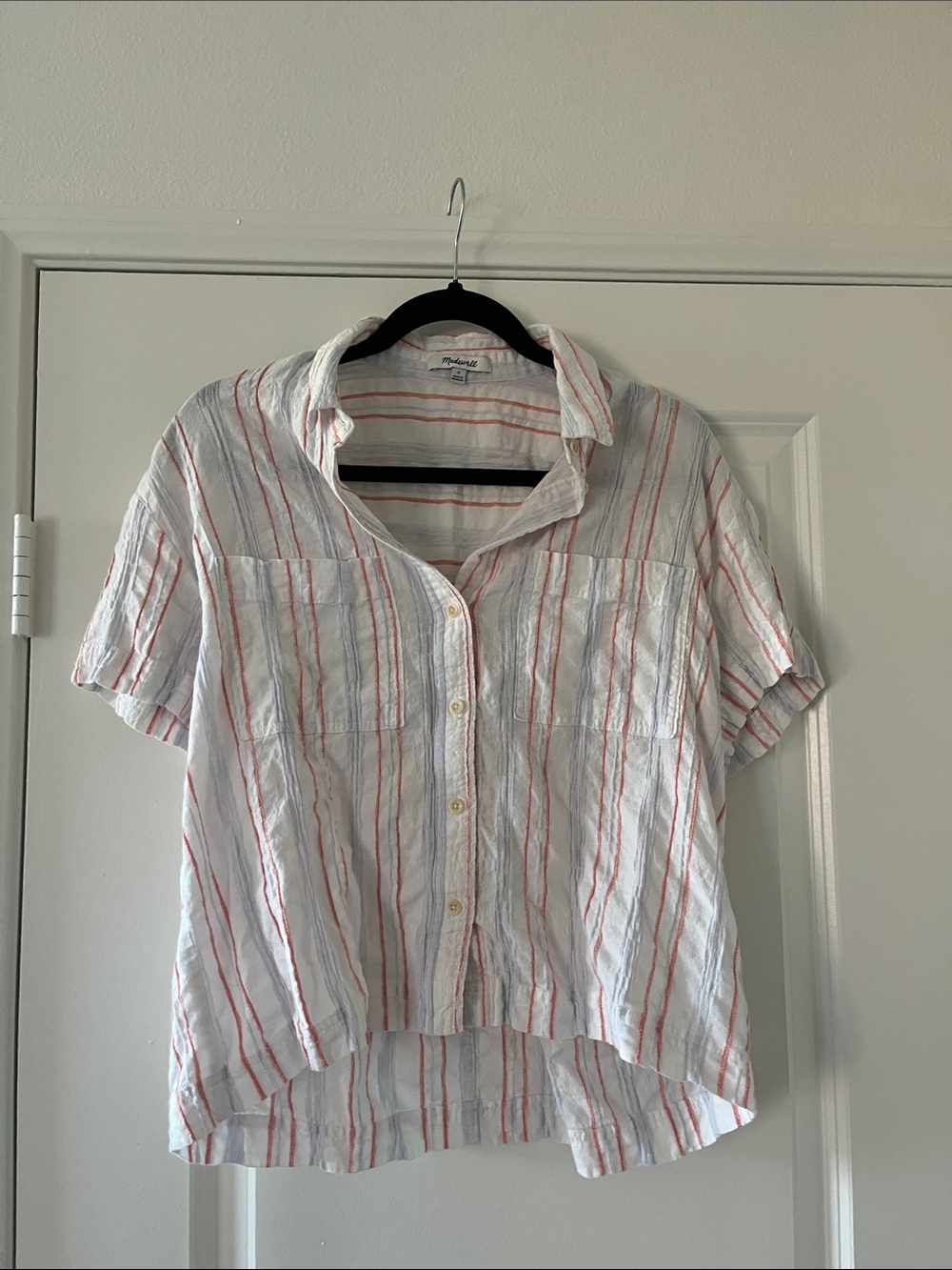 Madewell White Button-Front Short Sleeve Striped Blouse